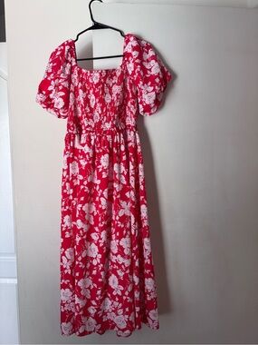 Red Floral Maxi Dress with Puff Sleeves